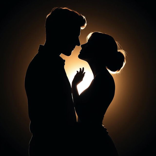 A romantic silhouette of a couple in a tender embrace, their noses gently touching