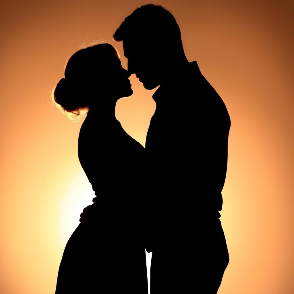 A romantic silhouette of a couple in a tender embrace, their noses gently touching