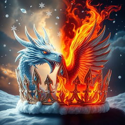 A stunning dual crown design featuring a regal ice dragon crown for a king, intricately crafted with shimmering frost-covered scales and sharp icy spikes, embodying the elegance and ferocity of the cold