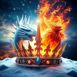 A stunning dual crown design featuring a regal ice dragon crown for a king, intricately crafted with shimmering frost-covered scales and sharp icy spikes, embodying the elegance and ferocity of the cold