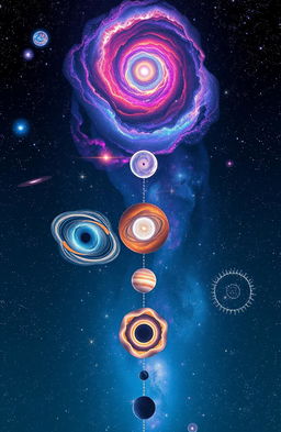 A stunning and visually captivating representation of cosmology evolution, illustrating the Big Bang, the formation of galaxies, stars, and planet systems over time