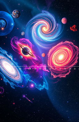 A stunning and visually captivating representation of cosmology evolution, illustrating the Big Bang, the formation of galaxies, stars, and planet systems over time