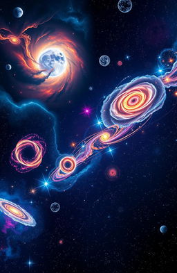A stunning and visually captivating representation of cosmology evolution, illustrating the Big Bang, the formation of galaxies, stars, and planet systems over time