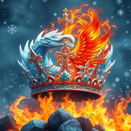 An extraordinary crown design that features a cold snow dragon crown for a king, embodied with intricate icy scales and sharp, frosty horns, entwined with a vibrant fiery phoenix crown for a queen