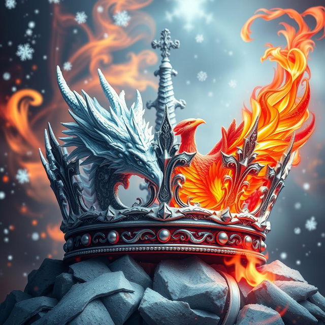 An extraordinary crown design that features a cold snow dragon crown for a king, embodied with intricate icy scales and sharp, frosty horns, entwined with a vibrant fiery phoenix crown for a queen