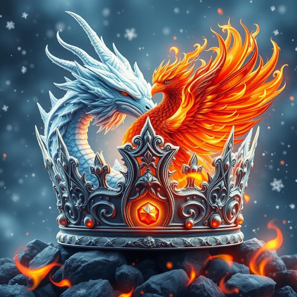 An extraordinary crown design that features a cold snow dragon crown for a king, embodied with intricate icy scales and sharp, frosty horns, entwined with a vibrant fiery phoenix crown for a queen