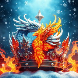 An extraordinary crown design that features a cold snow dragon crown for a king, embodied with intricate icy scales and sharp, frosty horns, entwined with a vibrant fiery phoenix crown for a queen
