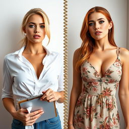 A split screen image featuring two close-up torso shots of gorgeous females