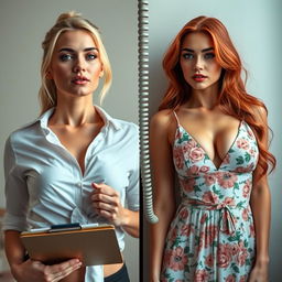 A split screen image featuring two close-up torso shots of gorgeous females