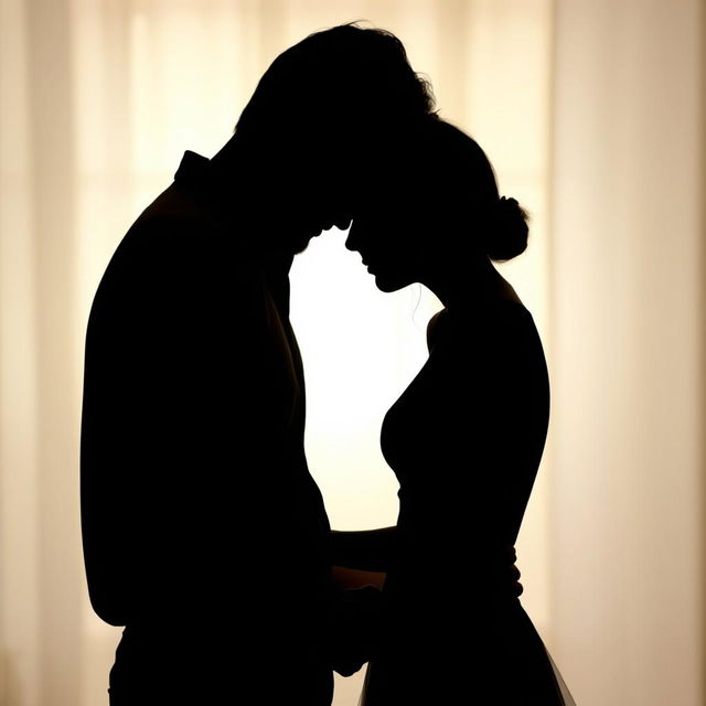 A romantic silhouette of a couple in a tender embrace, their noses gently touching