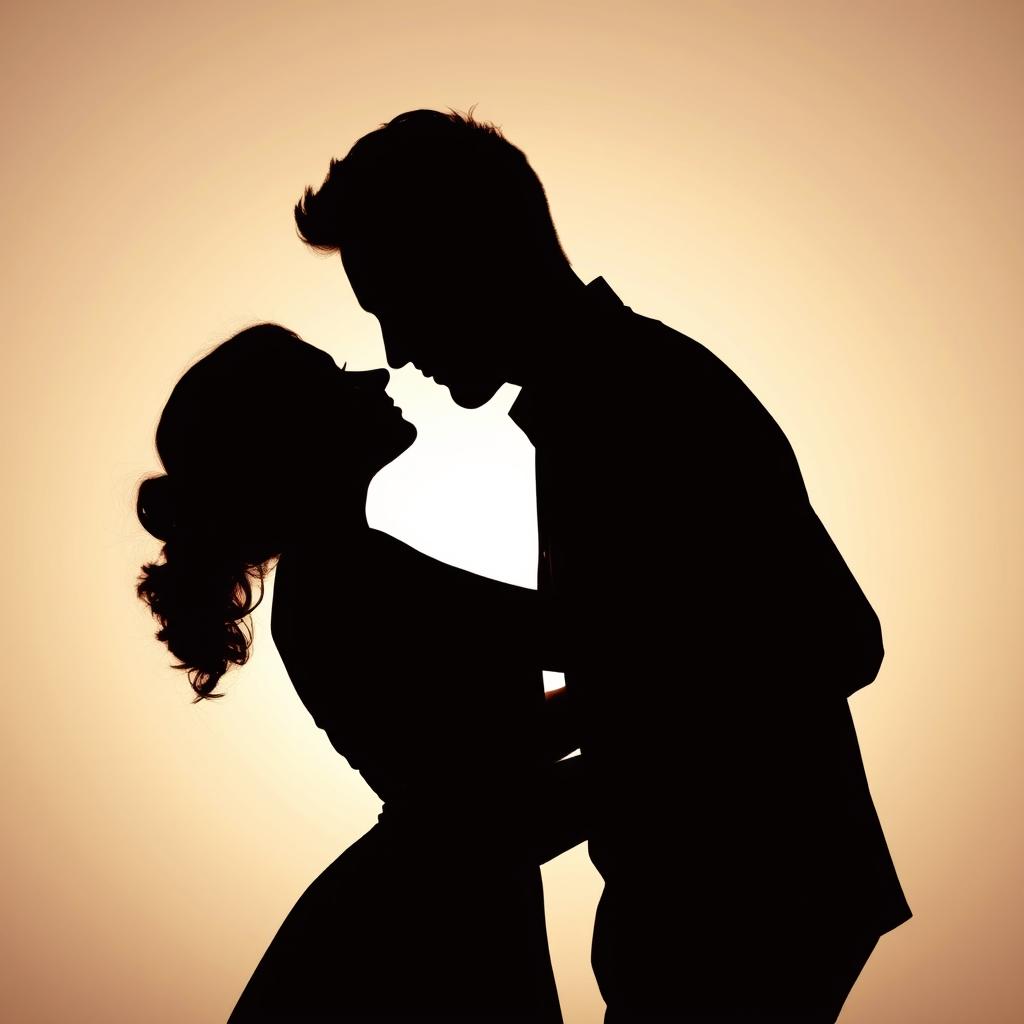 A romantic silhouette of a couple in a tender embrace, their noses gently touching