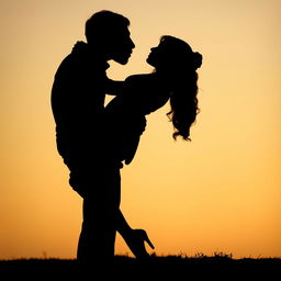 A romantic silhouette of a couple in a tender embrace, their noses gently touching