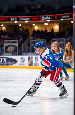 A dynamic scene of a boy playing ice hockey on a rink, showcasing his skill and enthusiasm