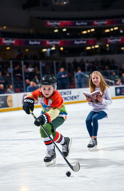 A dynamic scene of a boy playing ice hockey on a rink, showcasing his skill and enthusiasm
