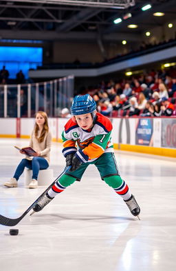 A dynamic scene of a boy playing ice hockey on a rink, showcasing his skill and enthusiasm