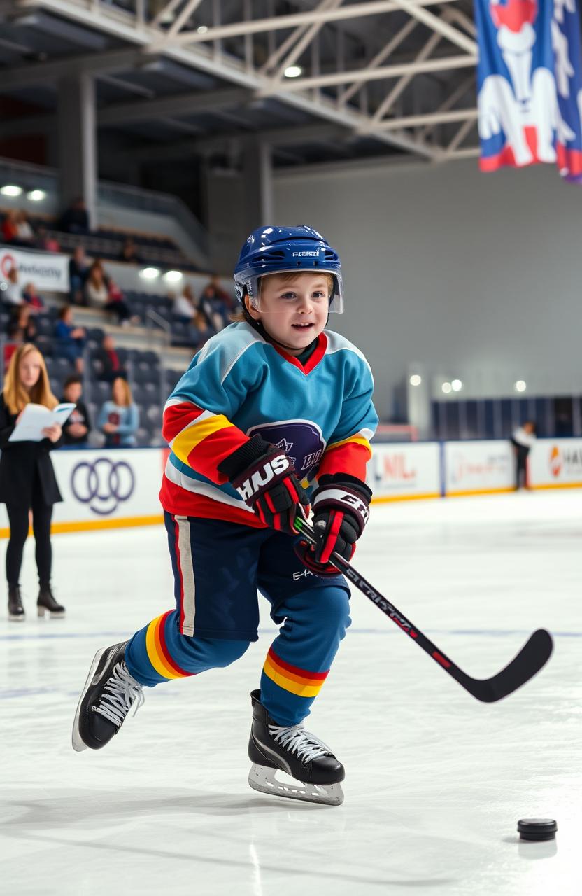 A dynamic scene of a boy playing ice hockey on a rink, showcasing his skill and enthusiasm