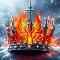 An exquisite depiction of a handsome crown designed for a cold, regal king, adorned with sharp, icy spikes and intricate snowflake patterns, representing the essence of winter's majesty