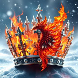 An exquisite depiction of a handsome crown designed for a cold, regal king, adorned with sharp, icy spikes and intricate snowflake patterns, representing the essence of winter's majesty
