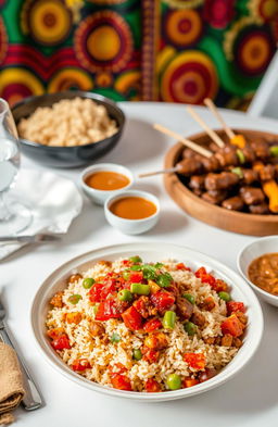 A beautifully styled table setting featuring a vibrant serving of Nigerian Jollof Rice in an elegant bowl, with fluffy rice, rich tomato salsa, and colorful vegetables like bell peppers and green peas