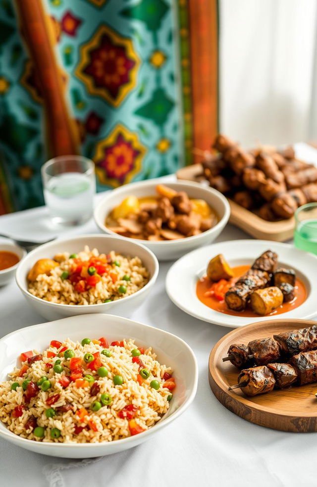 A beautifully styled table setting featuring a vibrant serving of Nigerian Jollof Rice in an elegant bowl, with fluffy rice, rich tomato salsa, and colorful vegetables like bell peppers and green peas