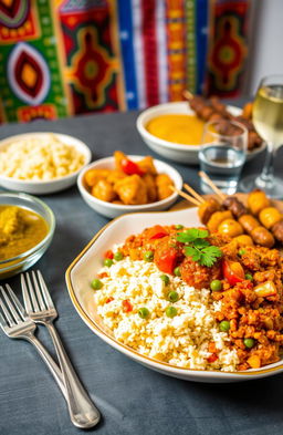 A beautifully styled table setting featuring a vibrant serving of Nigerian Jollof Rice in an elegant bowl, with fluffy rice, rich tomato salsa, and colorful vegetables like bell peppers and green peas