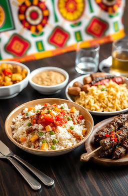 A beautifully styled table setting featuring a vibrant serving of Nigerian Jollof Rice in an elegant bowl, with fluffy rice, rich tomato salsa, and colorful vegetables like bell peppers and green peas