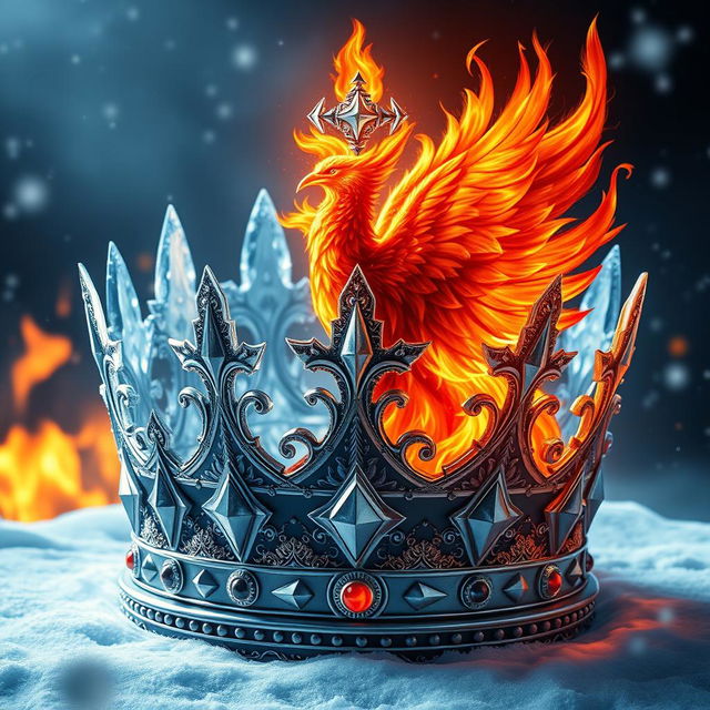 An elegant and stunning display of a cold handsome king's crown, designed with sharp, sleek icy accents and intricate geometric patterns that exude regality and strength