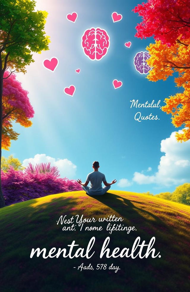 A visually engaging representation of mental health awareness, featuring a serene scene of a person meditating on a colorful hill surrounded by lush greenery, soft sunlight filtering through vibrant trees, and symbolic elements like floating hearts and brain illustrations in the sky