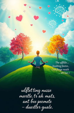 A visually engaging representation of mental health awareness, featuring a serene scene of a person meditating on a colorful hill surrounded by lush greenery, soft sunlight filtering through vibrant trees, and symbolic elements like floating hearts and brain illustrations in the sky