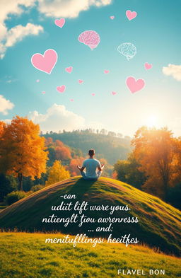 A visually engaging representation of mental health awareness, featuring a serene scene of a person meditating on a colorful hill surrounded by lush greenery, soft sunlight filtering through vibrant trees, and symbolic elements like floating hearts and brain illustrations in the sky