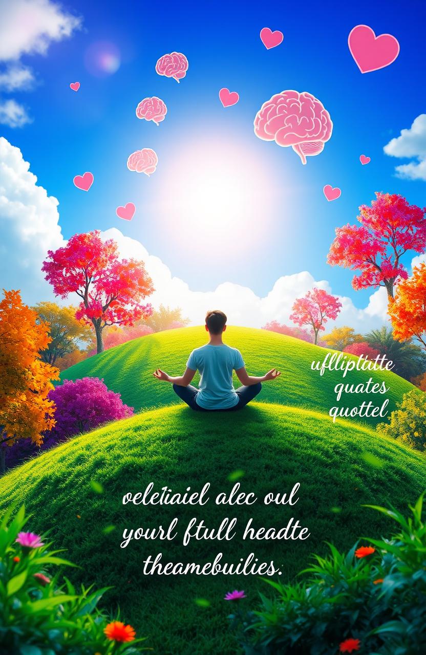 A visually engaging representation of mental health awareness, featuring a serene scene of a person meditating on a colorful hill surrounded by lush greenery, soft sunlight filtering through vibrant trees, and symbolic elements like floating hearts and brain illustrations in the sky