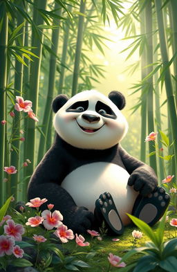 An imaginative portrayal of Po, the lovable panda from Kung Fu Panda, sitting peacefully in a serene bamboo forest surrounded by lush greenery and beautiful flowers