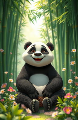 An imaginative portrayal of Po, the lovable panda from Kung Fu Panda, sitting peacefully in a serene bamboo forest surrounded by lush greenery and beautiful flowers