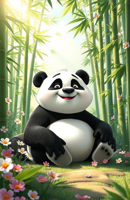 An imaginative portrayal of Po, the lovable panda from Kung Fu Panda, sitting peacefully in a serene bamboo forest surrounded by lush greenery and beautiful flowers