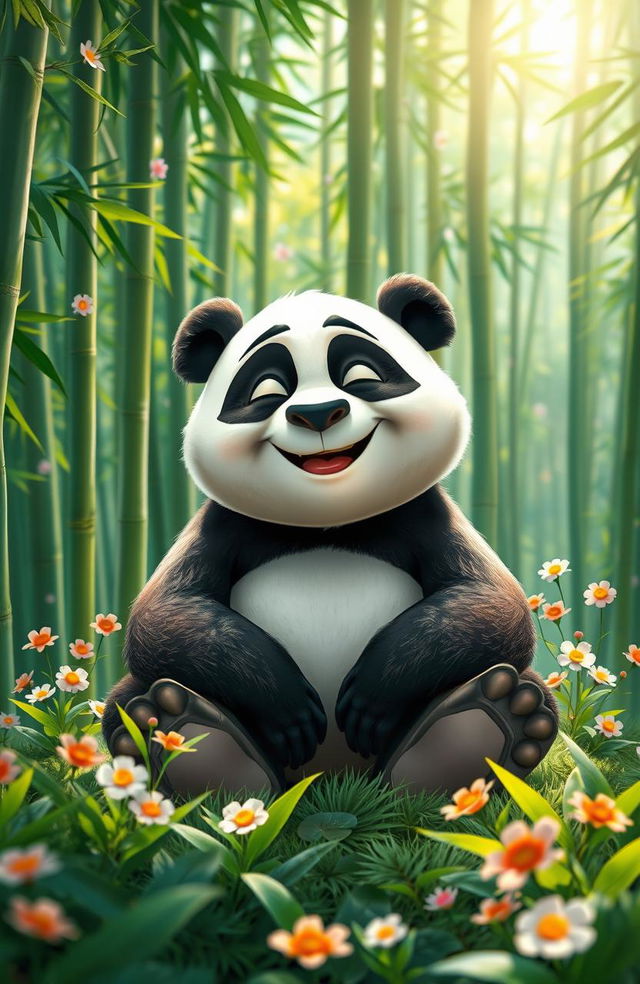 An imaginative portrayal of Po, the lovable panda from Kung Fu Panda, sitting peacefully in a serene bamboo forest surrounded by lush greenery and beautiful flowers