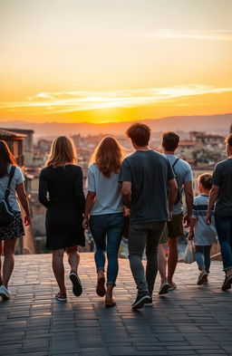 A serene sunset backdrop over Siena, Italy, featuring a large group of people walking away into the warm glow of the evening sky