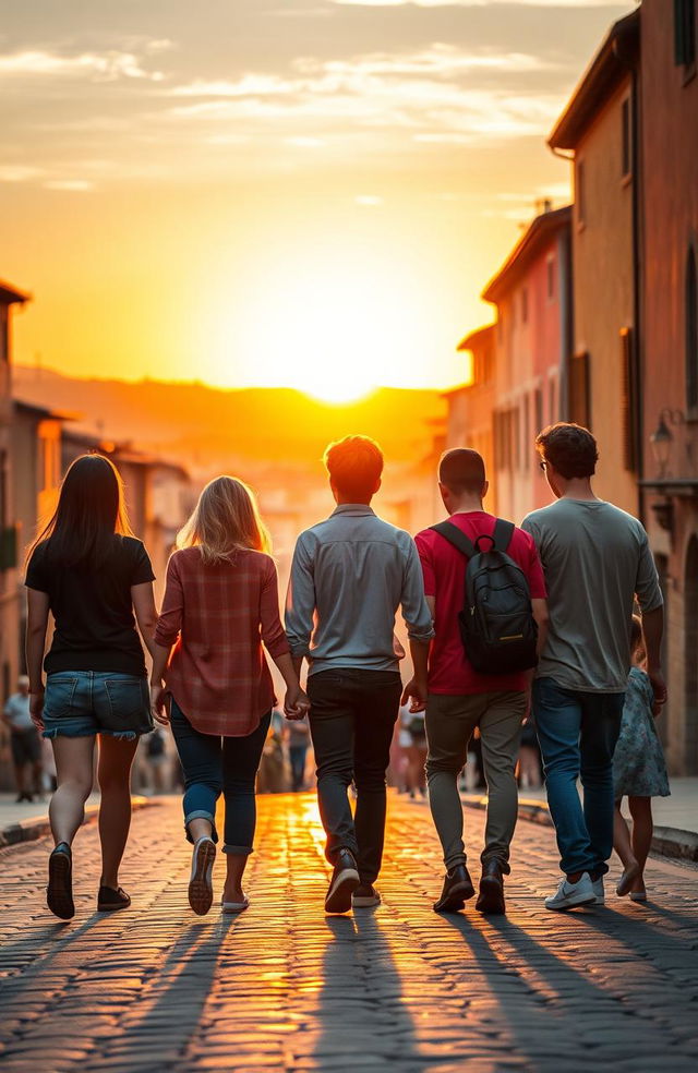 A serene sunset backdrop over Siena, Italy, featuring a large group of people walking away into the warm glow of the evening sky