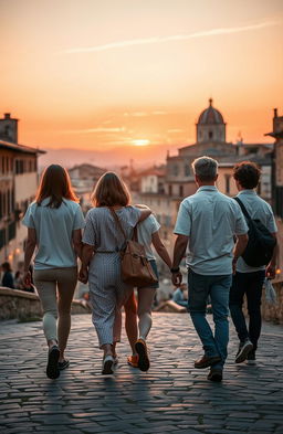 A serene sunset backdrop over Siena, Italy, featuring a large group of people walking away into the warm glow of the evening sky