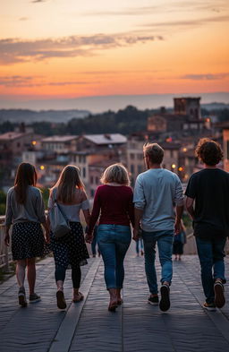 A serene sunset backdrop over Siena, Italy, featuring a large group of people walking away into the warm glow of the evening sky