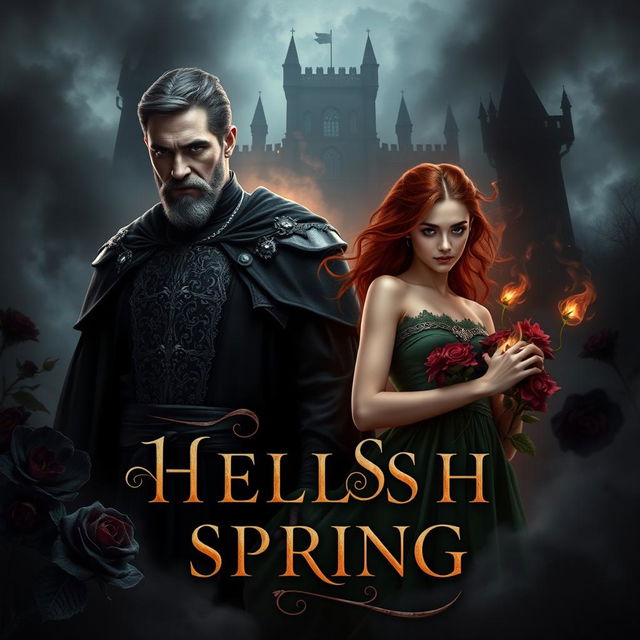 A book cover for 'Hellish Spring', interpreting the story of Hades and Persephone as wizards