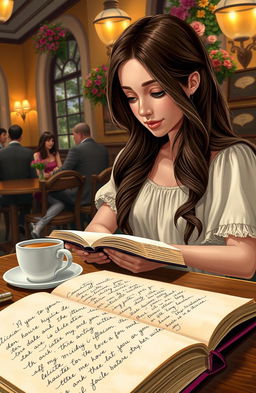 A romantic scene depicting Alicia sitting at a quaint café, writing in her beautifully bound notebook