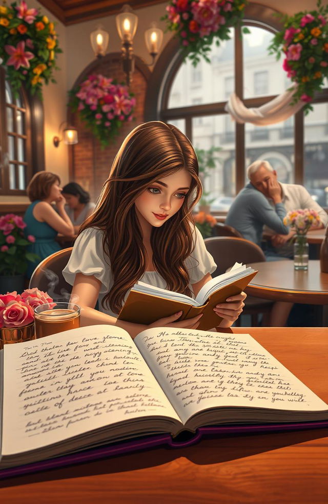 A romantic scene depicting Alicia sitting at a quaint café, writing in her beautifully bound notebook