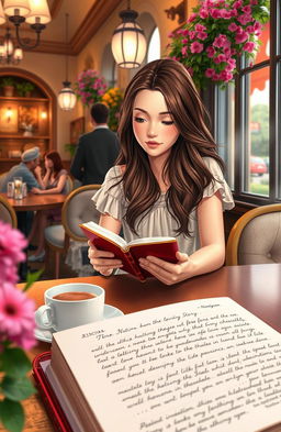 A romantic scene depicting Alicia sitting at a quaint café, writing in her beautifully bound notebook