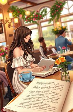 A romantic scene depicting Alicia sitting at a quaint café, writing in her beautifully bound notebook