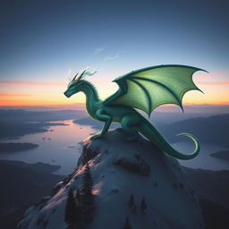 A majestic dragon perched atop a snowy mountain peak, looking out over a vast, sweeping landscape under a twilight sky