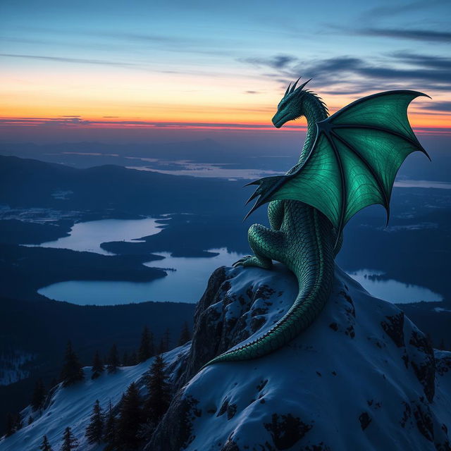 A majestic dragon perched atop a snowy mountain peak, looking out over a vast, sweeping landscape under a twilight sky