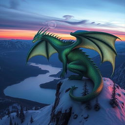 A majestic dragon perched atop a snowy mountain peak, looking out over a vast, sweeping landscape under a twilight sky