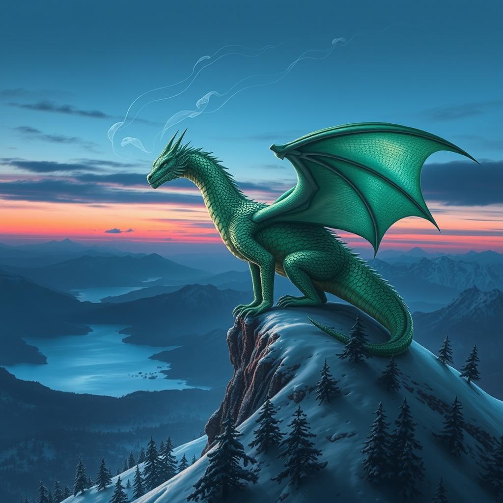 A majestic dragon perched atop a snowy mountain peak, looking out over a vast, sweeping landscape under a twilight sky