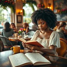 A romantic scene depicting Alicia, a beautiful Black woman, sitting at a quaint café, writing in her elegantly bound notebook