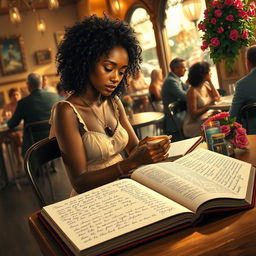 A romantic scene depicting Alicia, a beautiful Black woman, sitting at a quaint café, writing in her elegantly bound notebook